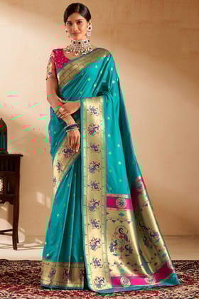 Dark Turquoise Paithani Silk Saree