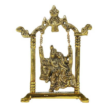 Dreamkraft White Metal Antique Finish Gold Plated Lord Radha Krishna Murti Standing in Darbar Idol Statue for Pooja & Home Office Decorative (Golden - 14 x 6.5 x 18 cm)