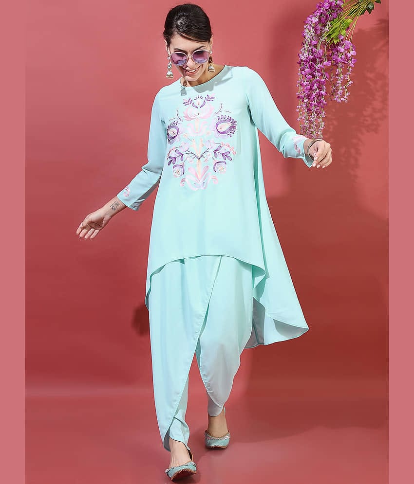 Vishudh Women Viscose Embroidered A-line Kurti With Dhoti Pants ( Blue )