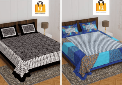 2201-Hometrade India- Standard Double Size (90*100 in )-Combo Jaipuri Double bedsheet With Matching Pillow Cover