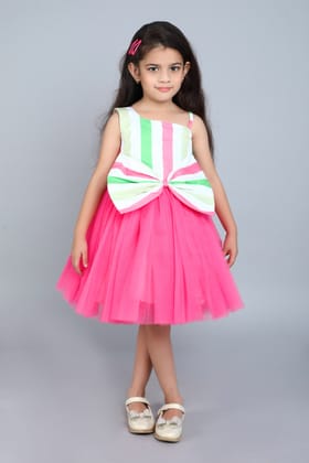 Cotton  One Shoulder Stripes Bow Dress-Coral-1-2Y / Coral