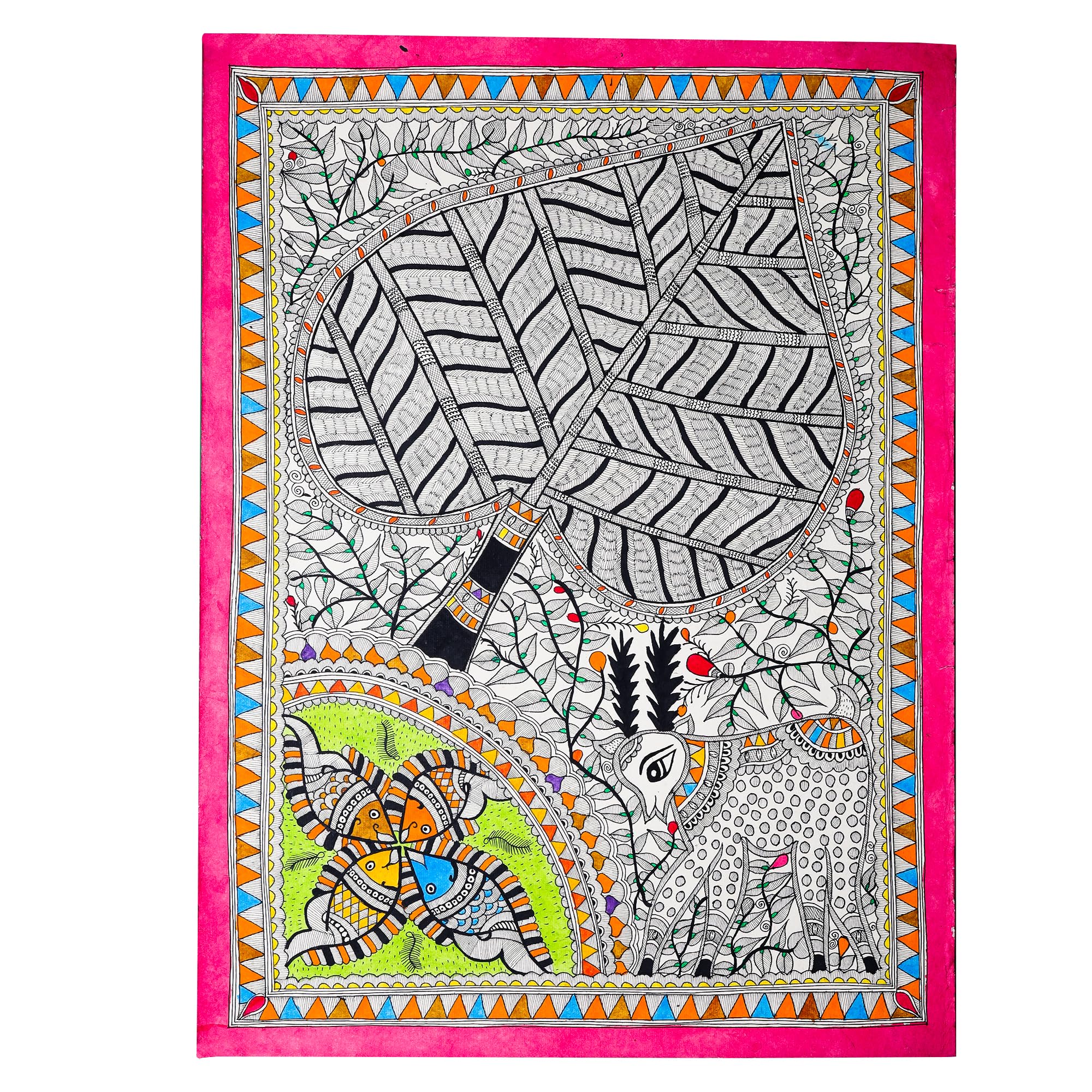 Palak Saxena Madhubani Painting - Harmony of Nature: Stag, Fish, and Tree - Handmade Indian Art for Home Decor - Perfect for Living Room, Bedroom, or Office - Unframed (Size: 32.2 x 24.2 inch)