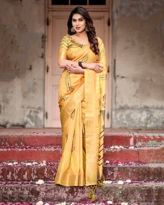 Golden Yellow Digital Printed Saree with Abstract Patterns and Tassel Detailing-Regular