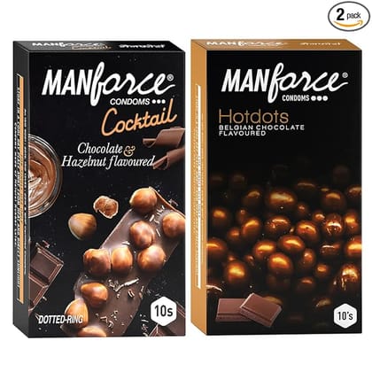 Manforce Premium Condoms (Hotdots Belgian Chocolate with Bigger Dots & Cocktail Chocolate + Hazelnut with Dotted Rings) Combo - 10s (Pack of 2)