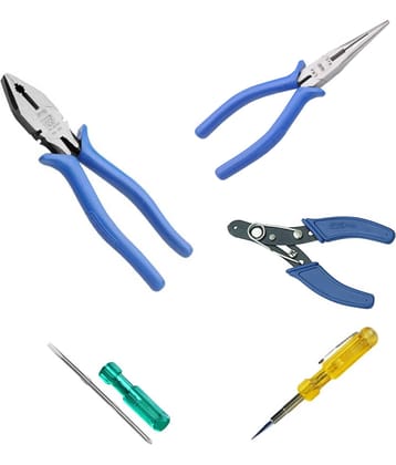 PYE Set of 5 Hand Tools Combo Plier 205 mm/ Yellow Tester (702)/Wire Stripper & Cutter (950)/Double-end Screwdriver/Long Nose Plier (911)