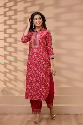 Women'S Muslin Pink Straight Kurta & Afghani Salwar Set-Pink / L