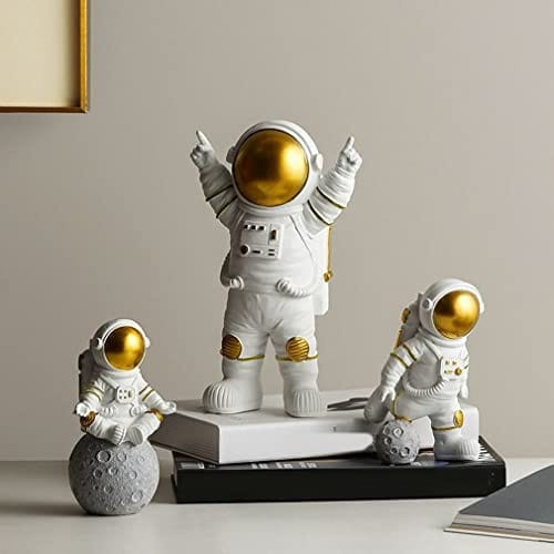 Resin Astronaut Spaceman Statue Ornament Home Office Desktop Figurine Decors Set of 3 - Golden (Golden)
