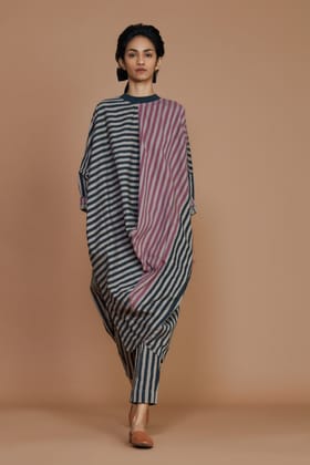 Ribbed Cowl Tunic Striped Grey Co-Ord Set of 2-XS
