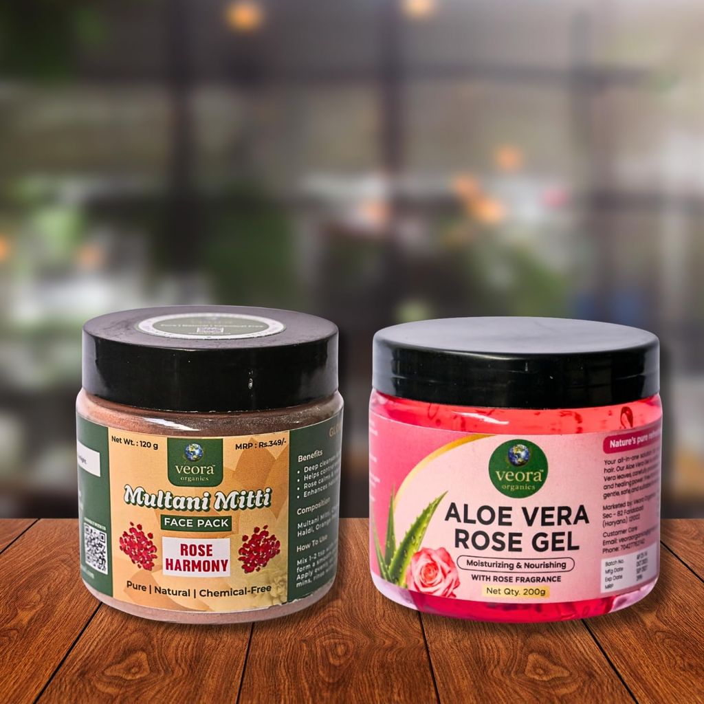 Veora Organics Aloe Vera Rose Gel & Rose Harmony Multani Mitti Face Pack Combo | Hydrating Aloe Vera Gel with Deep Cleansing Face Mask | Skin Brightening, Oil Control & Moisturizing | Natural Chemical-Free Skincare | 200g + 120g