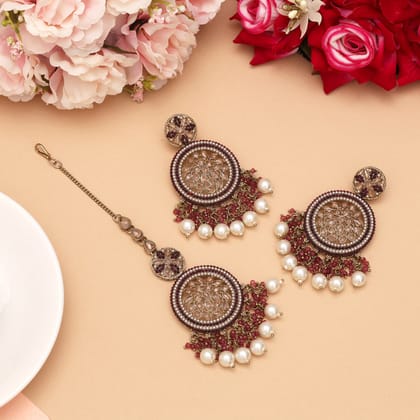 Magenta Color Pakistani Kundan Earrings With Maang Tikka (KDTE592MNT)-Default Title / magenta / Alloy with Good Quality Mehendi Gold Plated