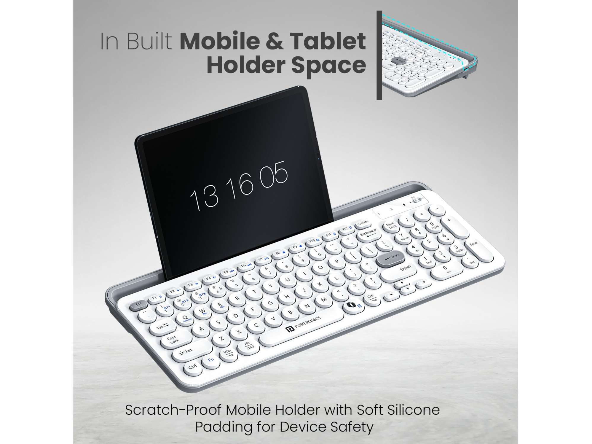 Portronics Bubble 3.0 3 X Bluetooth Connectivity, Dual Height Adjustment, In Built Rechargeable Battery, Integrated Numpad & Multimedia Keys - White