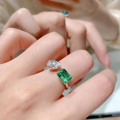 Ice-Cut Green Diamond Silver Ring (Adjustable)