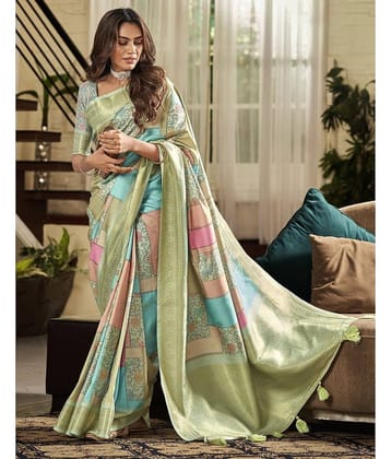 Samah Silk Printed Saree With Unstitched Blouse Piece ( Mint Green )