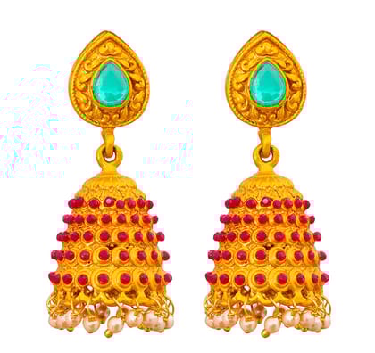 Traditional Gold-Plated Jhumka Earrings  Ruby & Emerald Stone Studded Ethnic Jewelry