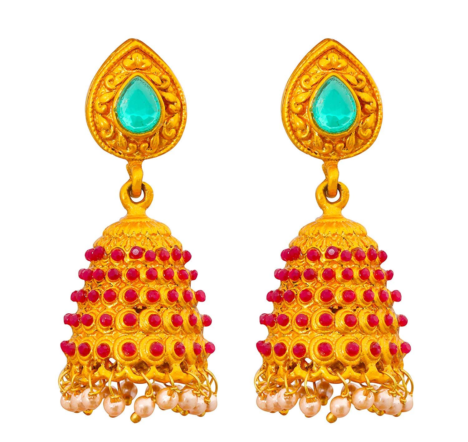 Traditional Gold-Plated Jhumka Earrings  Ruby & Emerald Stone Studded Ethnic Jewelry