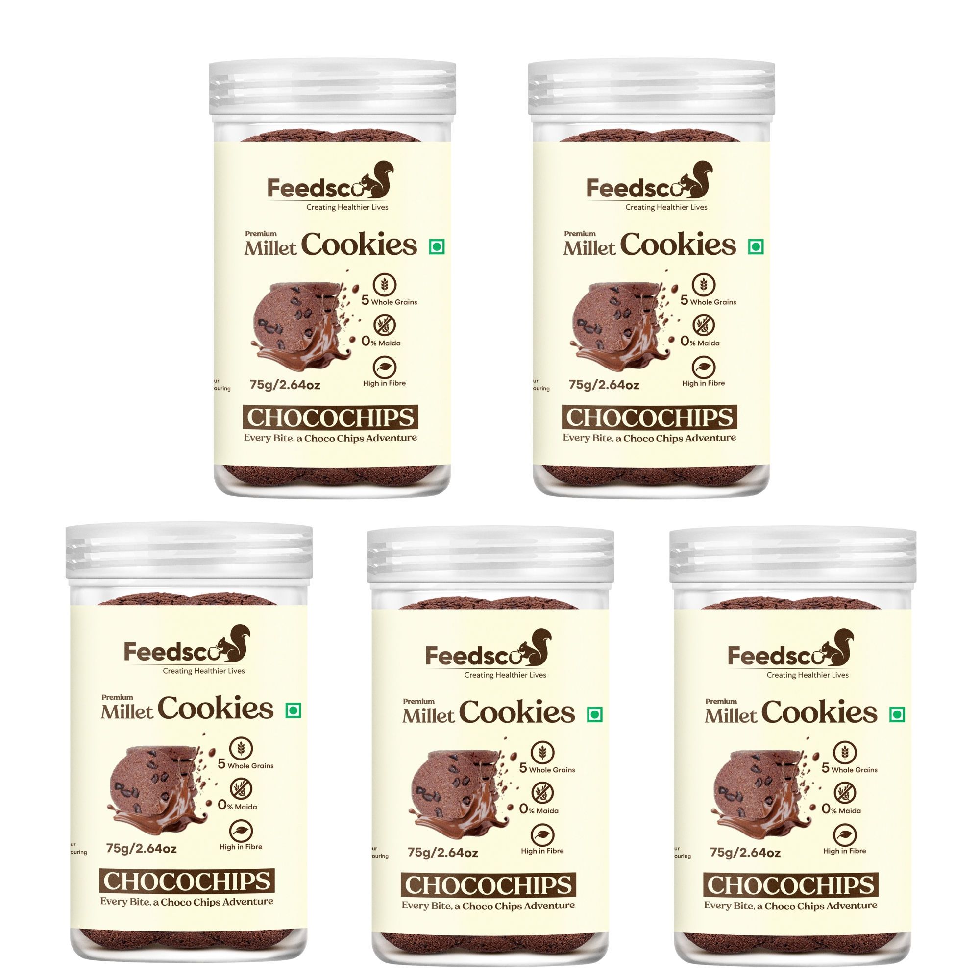 Feedsco Chocochips Millet Cookies (75g x 5 Packs) - Tasty & Healthy Snack with Natural Sweetness - Best Healthy Cookies for Kids & Adults