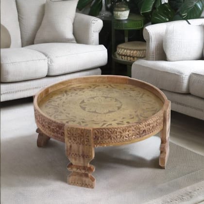 BAANMATA INTERNATIONAL Drawing-Room Decors Brass Embossed Handicraft Round Coffee Table Cum Gathering-Table,Wooden Carved Lamp-Table,Multipurpose Showpiece Chakki-Table for Home/Office