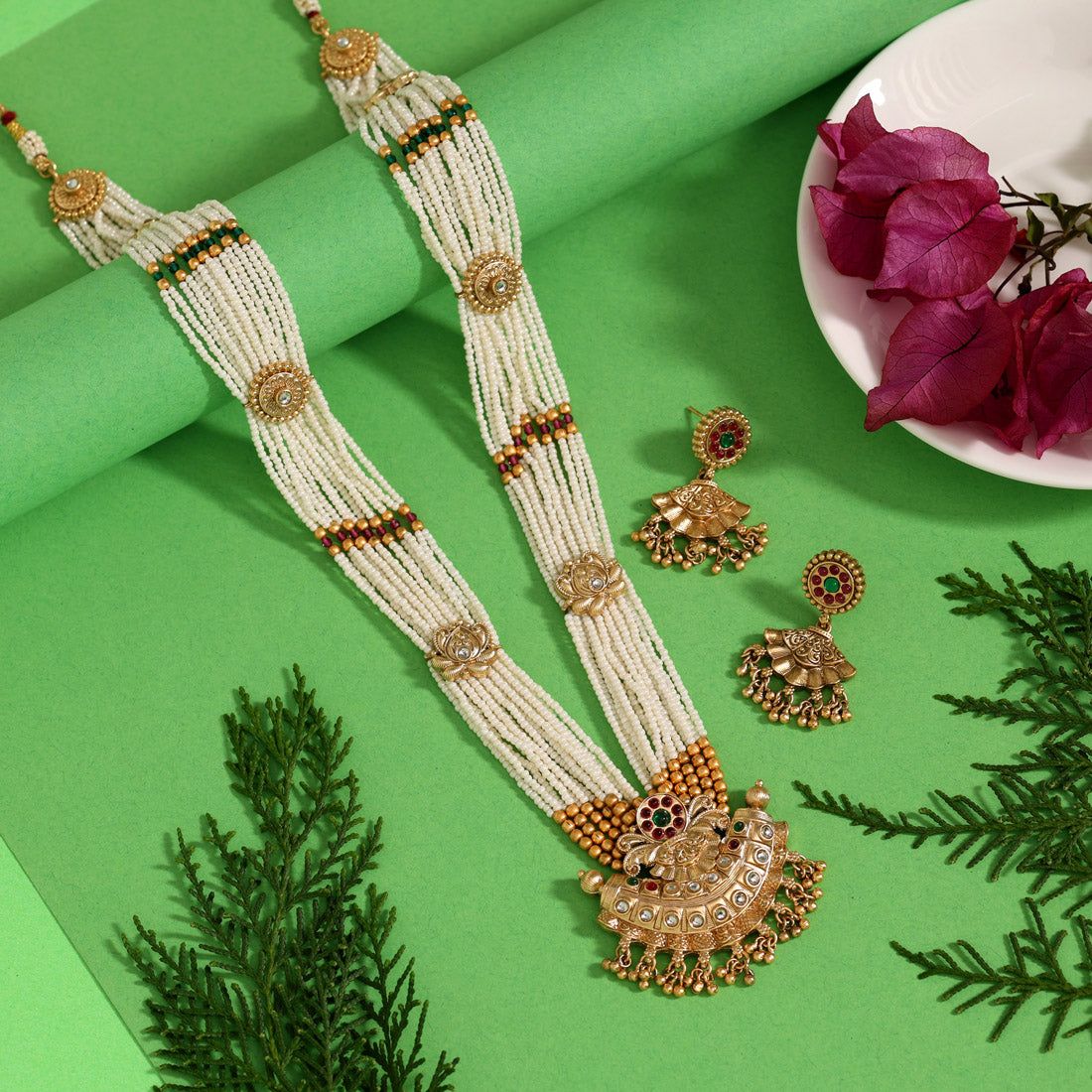 Rani & Green Color Long Matte Gold Rajwadi Temple Necklace Set-Default Title / Rani and Green / Alloy With Good Quality Matte Gold Plated