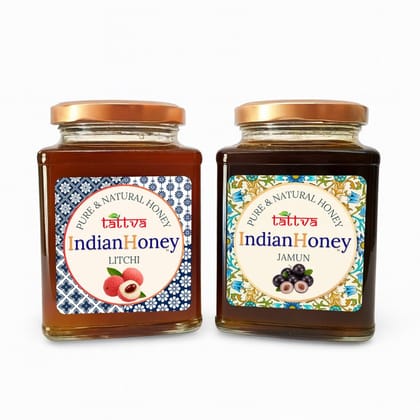 IndianHoney Jamun with Litchi Ginger Honey Combo (Pack of 2) | Pure & Natural | 1kg (500g Each) | Unprocessed & Unfiltered Natural Sweetener