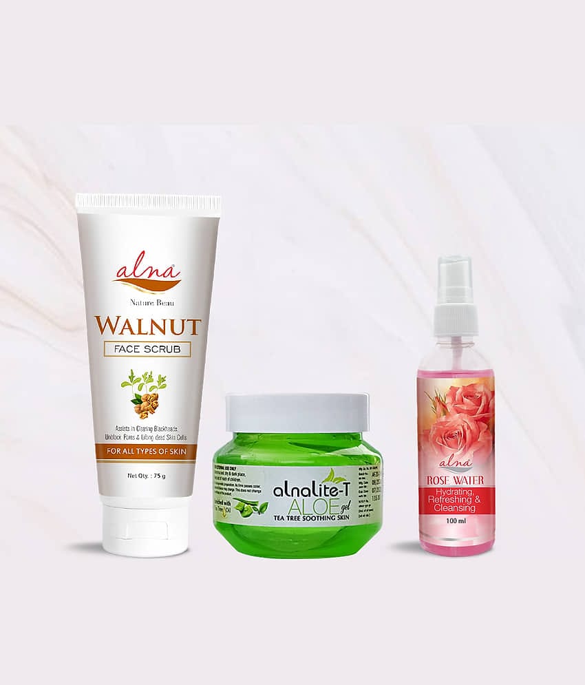 Alna Walnut Face Scrub 75gm with Alnalite-T Aloe Gel 100gm & Rose Water 100ml , Pack of 3