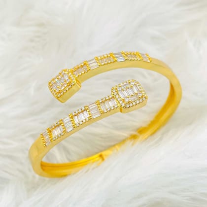 Princess Cut Dual Band Cubic Zirconia 18K Gold Cuff Kada Bracelet for Women-GOLD