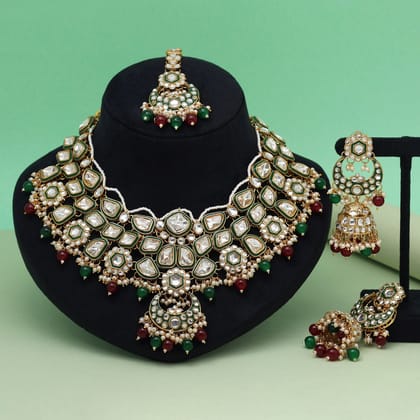 Maroon & Green Color Meena Work Kundan Necklace Set (KN1452MG)-Adjustable Rope / Green / Alloy With Good Quality Gold Plated