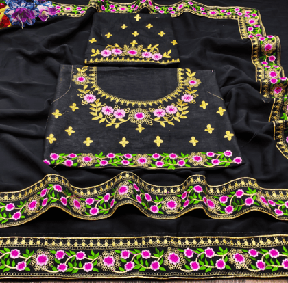 Bollywood Georgette Saree With Fancy Lace Border With Hevy Work Blouse