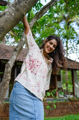 Handblock Printed Cotton Shirt - Signature Pink-XS