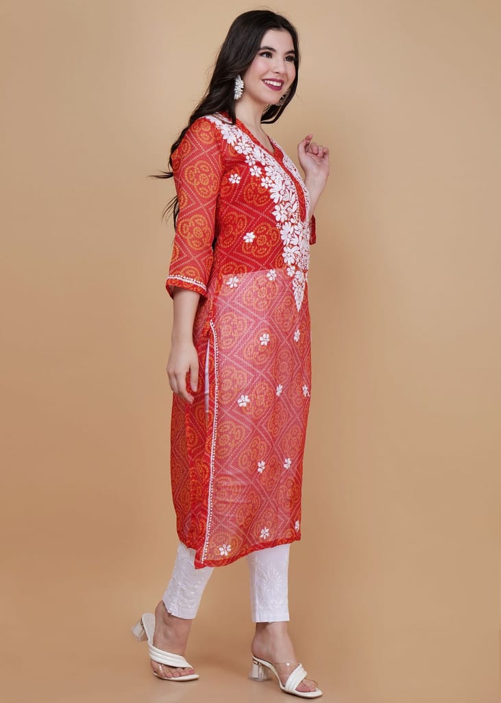 Traditional Kota Chikankari Straight Kurta - Red