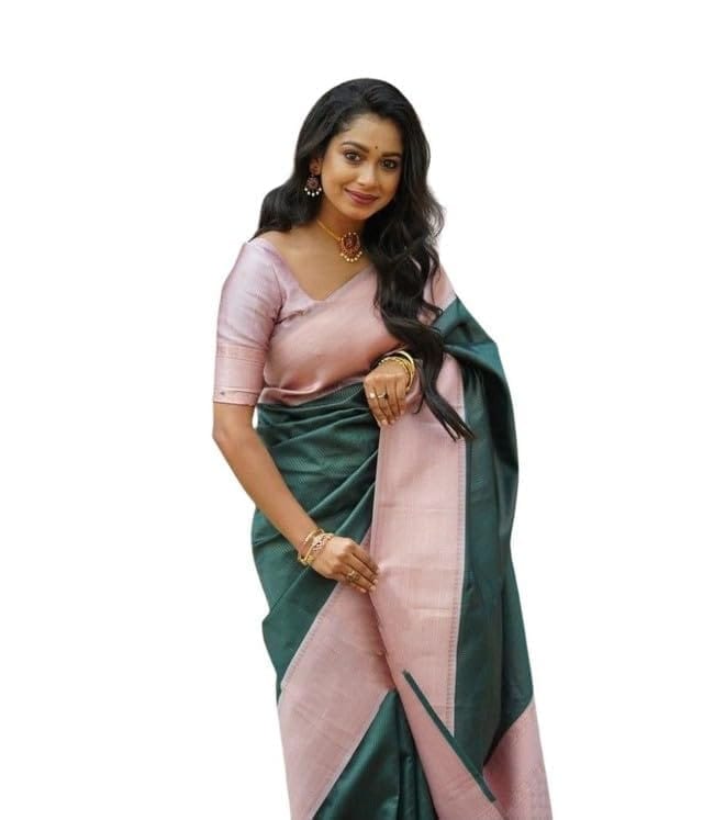 Women's Soft Lichi Silk Printed Saree With Unstitched Blouse 5.5Mtr (Green)-PID63619