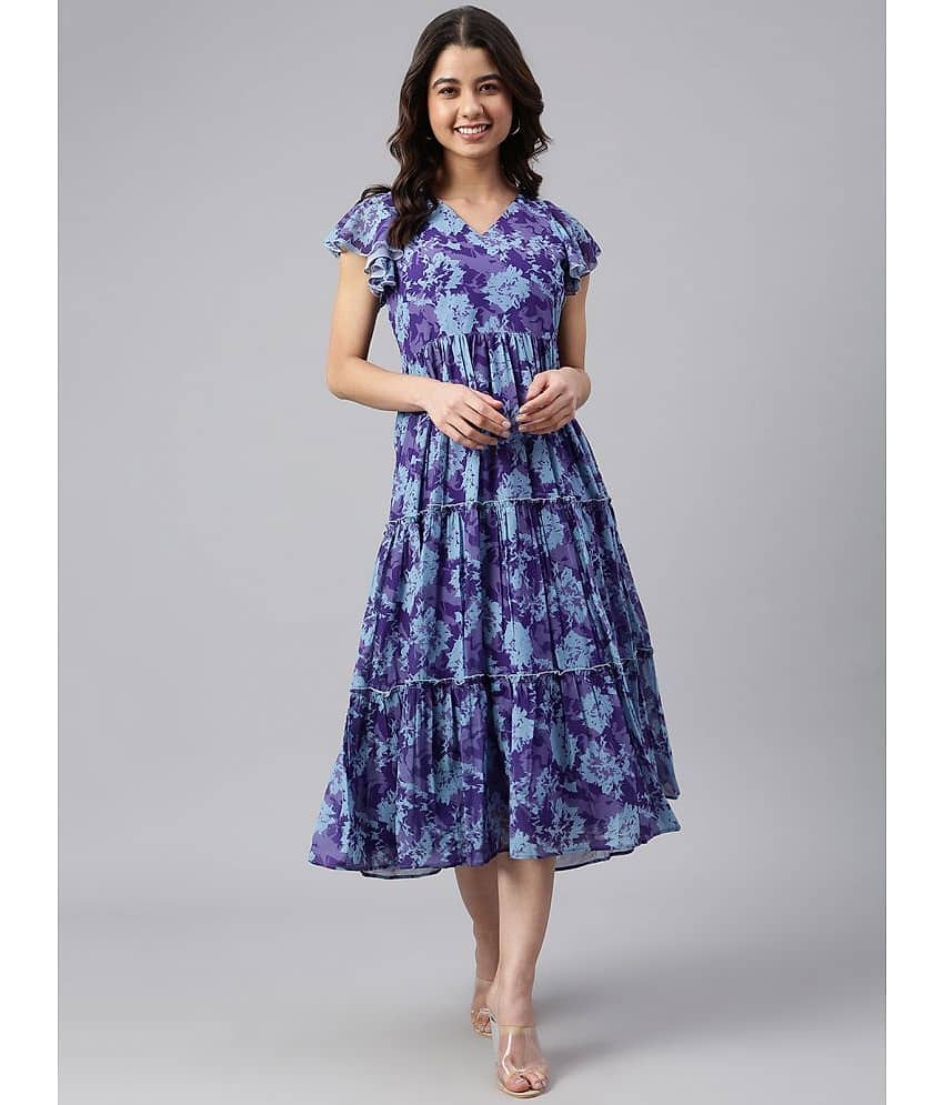 Janasya Women Georgette Printed Fit & Flare Dress ( Blue )