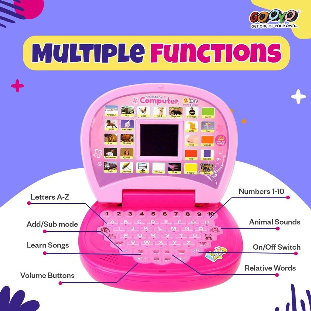 2011A Battery Operated Educational Learning Laptop Toy with LED Display and Music Effect | Babies/Girls/Boys/Toddlers | Pink Color, Power Source: 3xAA Battery (Not Included)