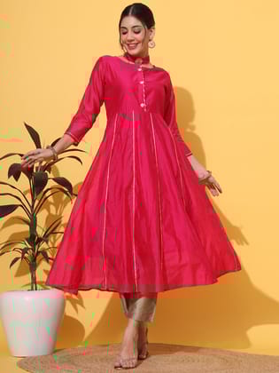 Magenta Anarkali Gotta Kurta Pant Set-M