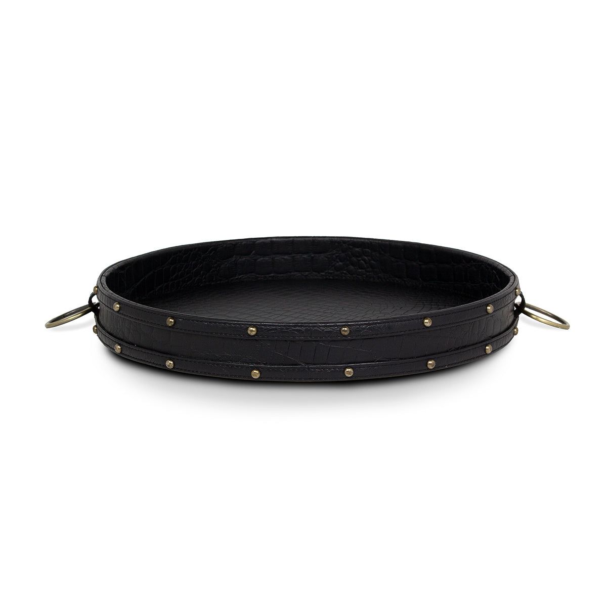 Eden Round Tray In Genuine Croco Leather Black-Black