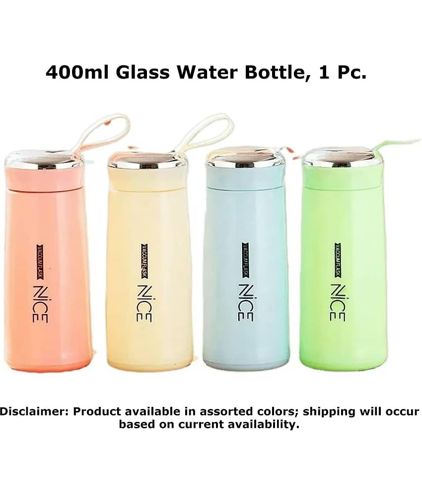 Nice Glass Glass inner liner Water Bottle with Plastic Shell, Assorted Color 400ml, Pack of 1