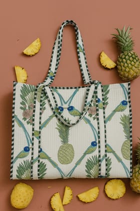Handblock Printed Quilted Tote Bag without zip/button 17x18x 6 inches