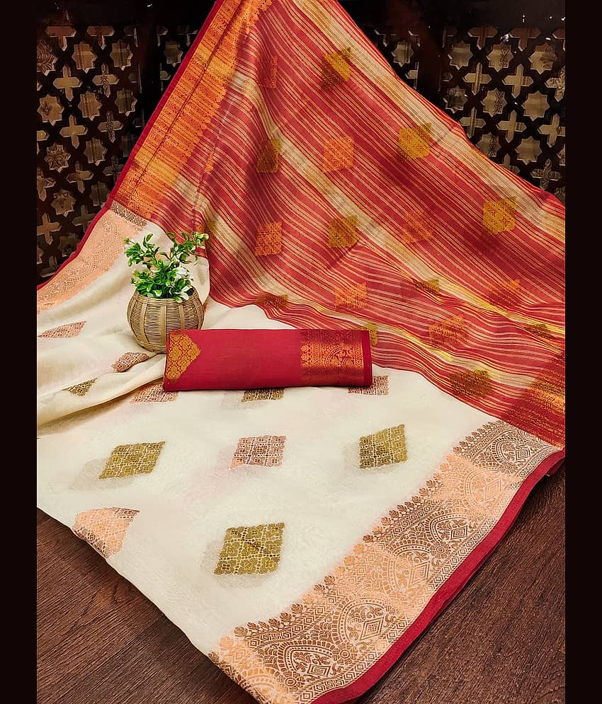 IndShopMart Cotton Silk Woven Saree With Unstitched Blouse Piece ( Beige )