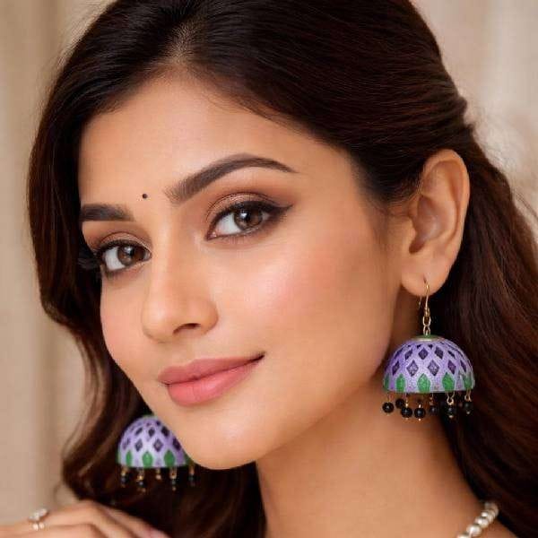 Handcrafted Purple Green Terracotta Jhumka Earrings with Black Beads