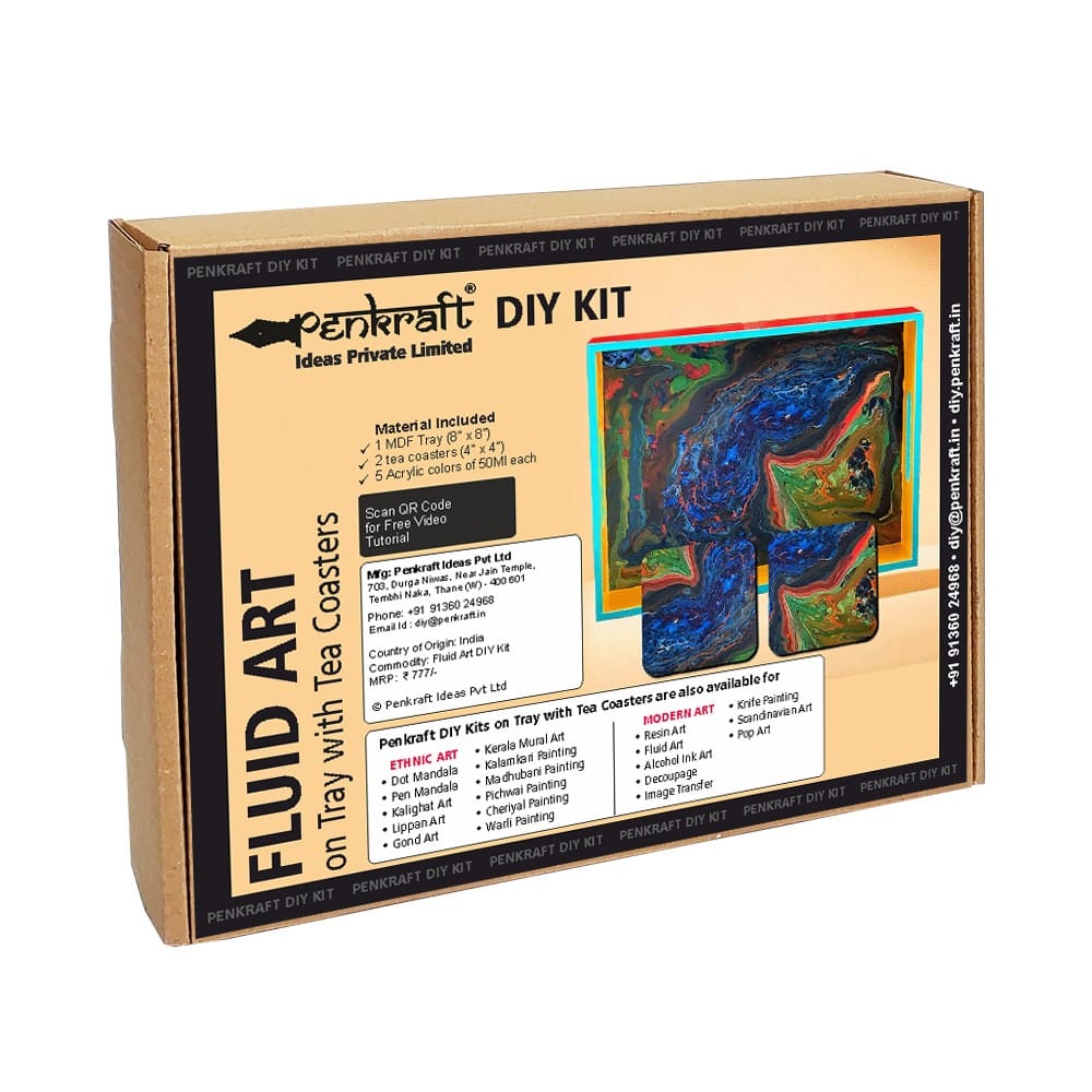 Fluid Art on MDF Tray with Square Tea coaster DIY Kit by Penkraft