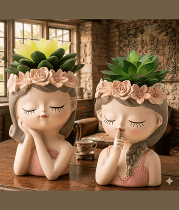 PICKARTME Quiet & Chic Modern Woman's Bust Vase, Artistic Herringbone Face Plant Pot, Pedestal Succulent Planter Pot for Home and Office Decor (Set Of 2)