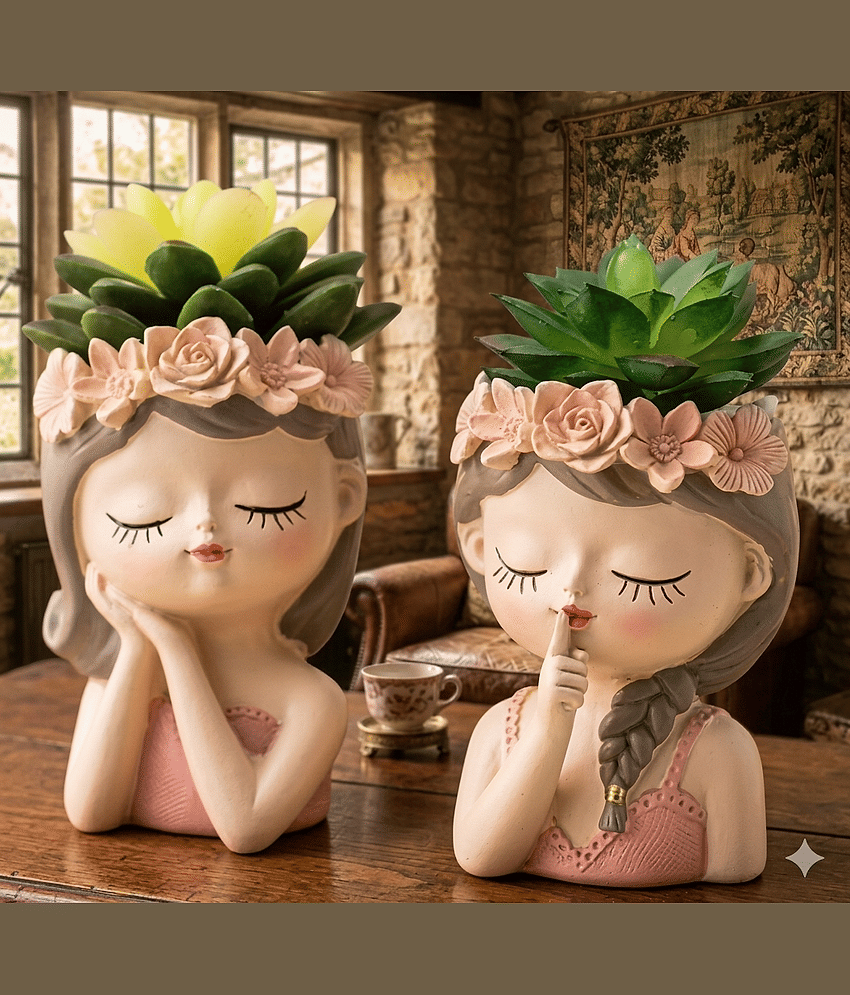 PICKARTME Quiet & Chic Modern Woman's Bust Vase, Artistic Herringbone Face Plant Pot, Pedestal Succulent Planter Pot for Home and Office Decor (Set Of 2)
