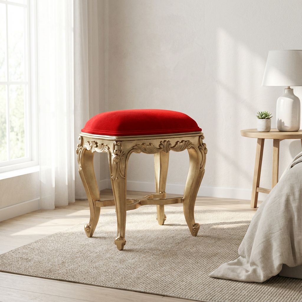 Hand Carved Teak Wood Stool (Golden Finish)