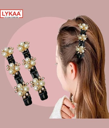 Lykaa Stylish Pearl and Rhinestone Medium Size Hair Clips Butterfly Braid Duckbill Clips - Pack of 2