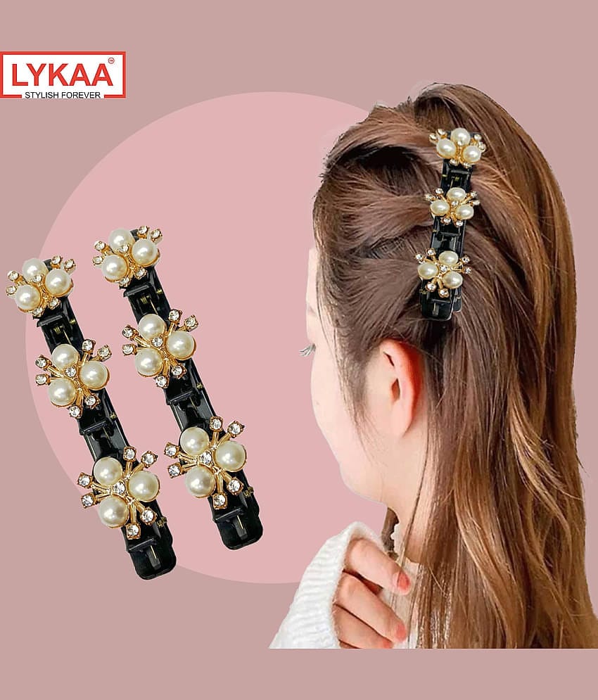Lykaa Stylish Pearl and Rhinestone Medium Size Hair Clips Butterfly Braid Duckbill Clips - Pack of 2