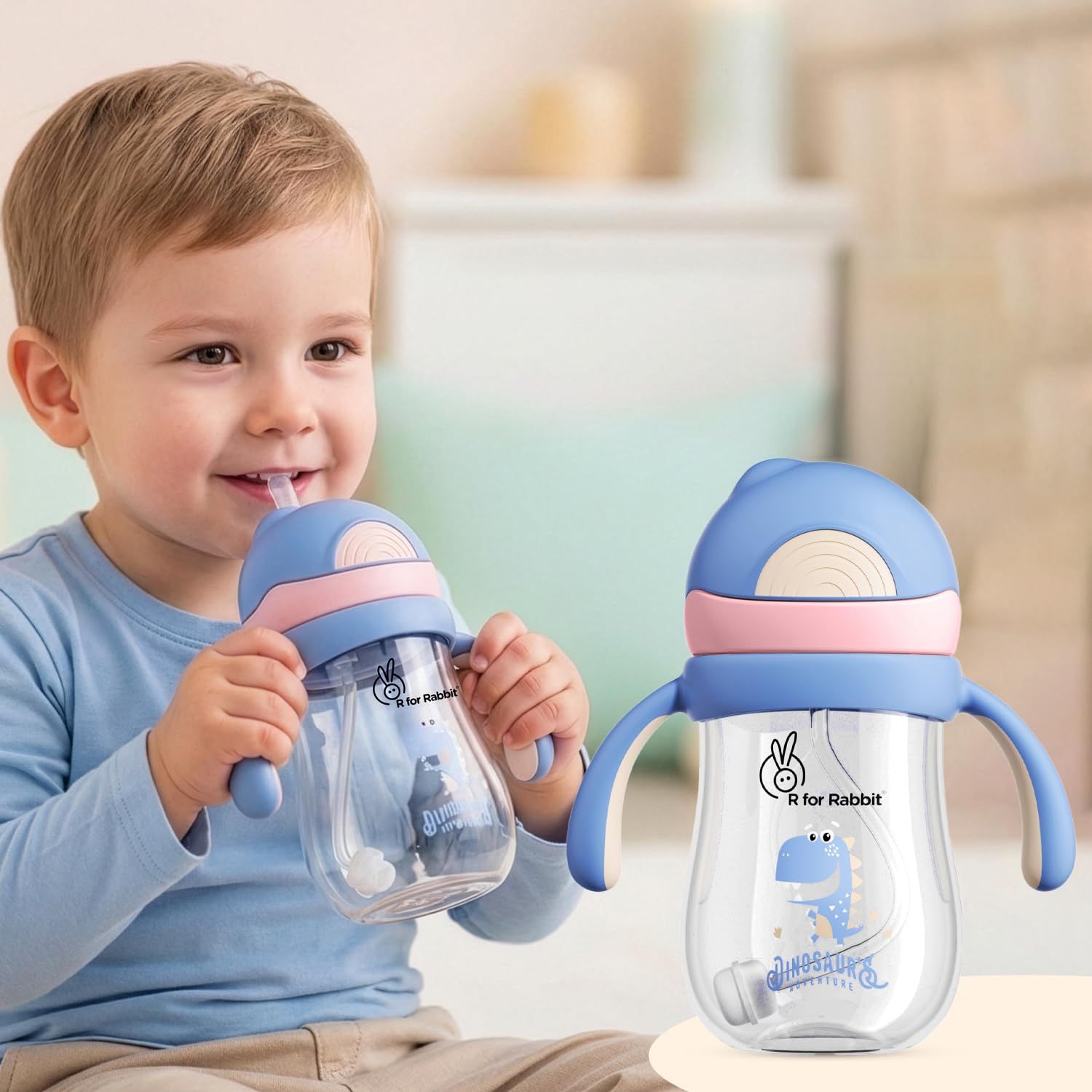 R for Rabbit Tritan Dino 320ml Straw Sipper for Kids | Twin Handle Non Toxic BPA Free Soft Silicone Straw Sippy Bottle | Leak Proof Drinking Sippy Cup for 12+ Months Kids (Pink Blue) R for Rabbit Tritan Dino 320ml Straw Sipper for Kids | Twin Handle Non