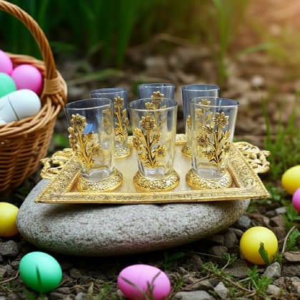 Aluminium Decorative Glass Set with Tray (6 Pieces) | Luxury Serving Set for Home & Gifting, Height : 1 Inch (ASMAS322 A)