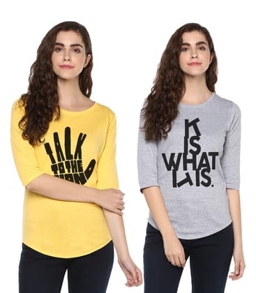 Young Trendz Womens Combo 3/4th Sleeve Talk Printed Yellow Color and Itis Printed Grey Color Tshirts-Yellow/Grey / Small / 100% Bio Wash Cotton