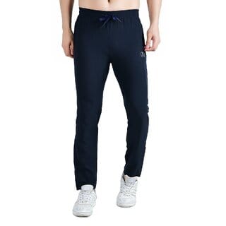 Kwings Soft NS Lycra Track Pant for Men - Comfortable Straight Fit Joggers with Secure Side Zipper Pockets Navy L