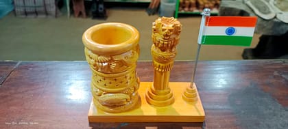 Biraj Chanda Wooden Desk Organizer (1 unit) | Hand-Carved Ashoka Pillar & Pen Holder | Office & Home Decor