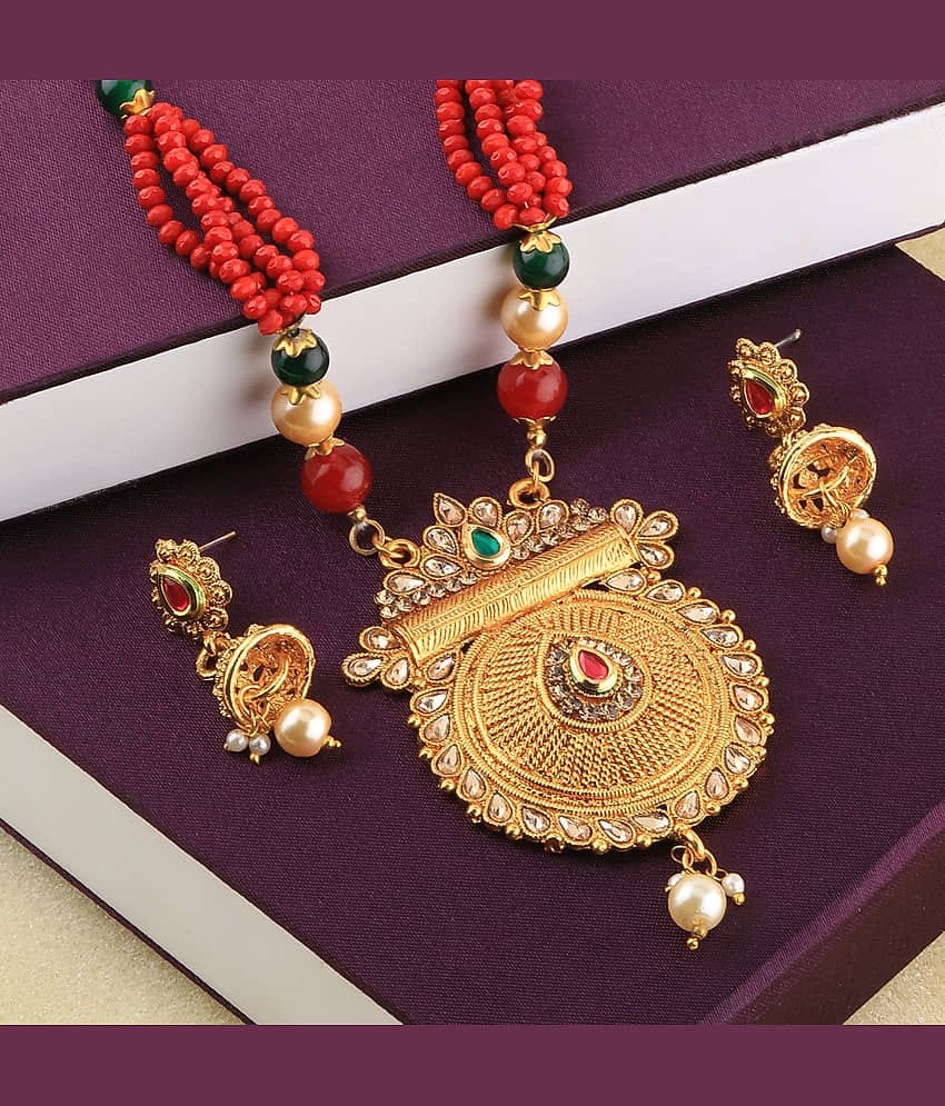 SILVER SHINE Traditional Gold Plated Pearl Mala Pendant Set For Women Girl